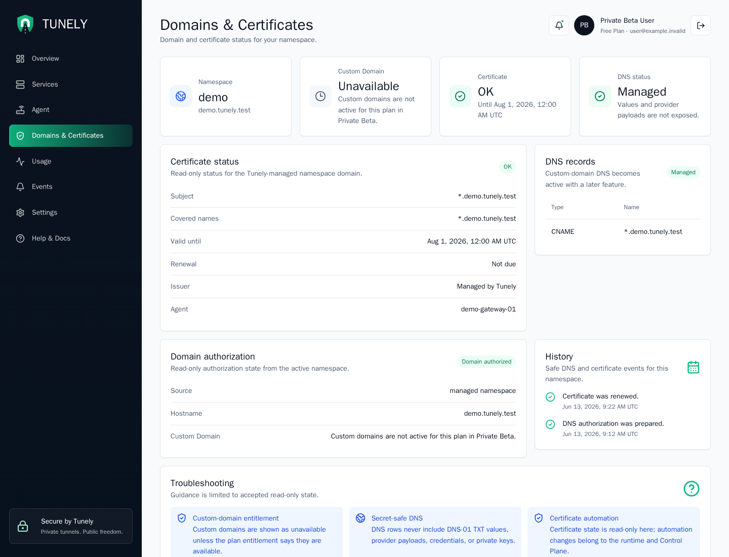 Tunely domains and certificates page