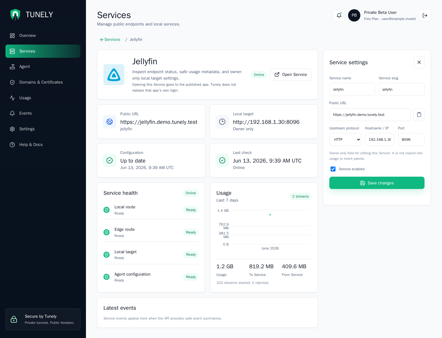 Tunely service detail page