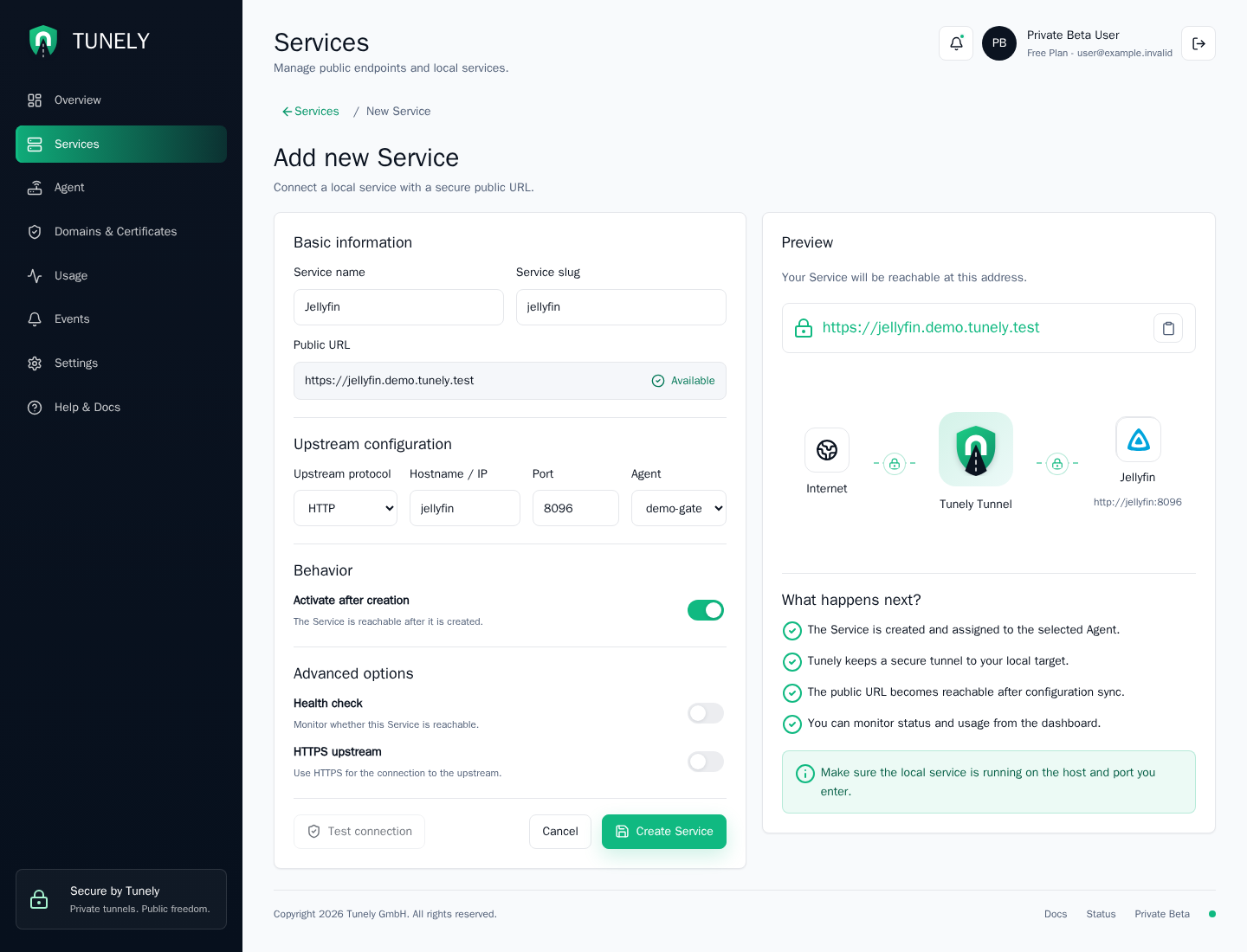 Tunely add service form with a local service target