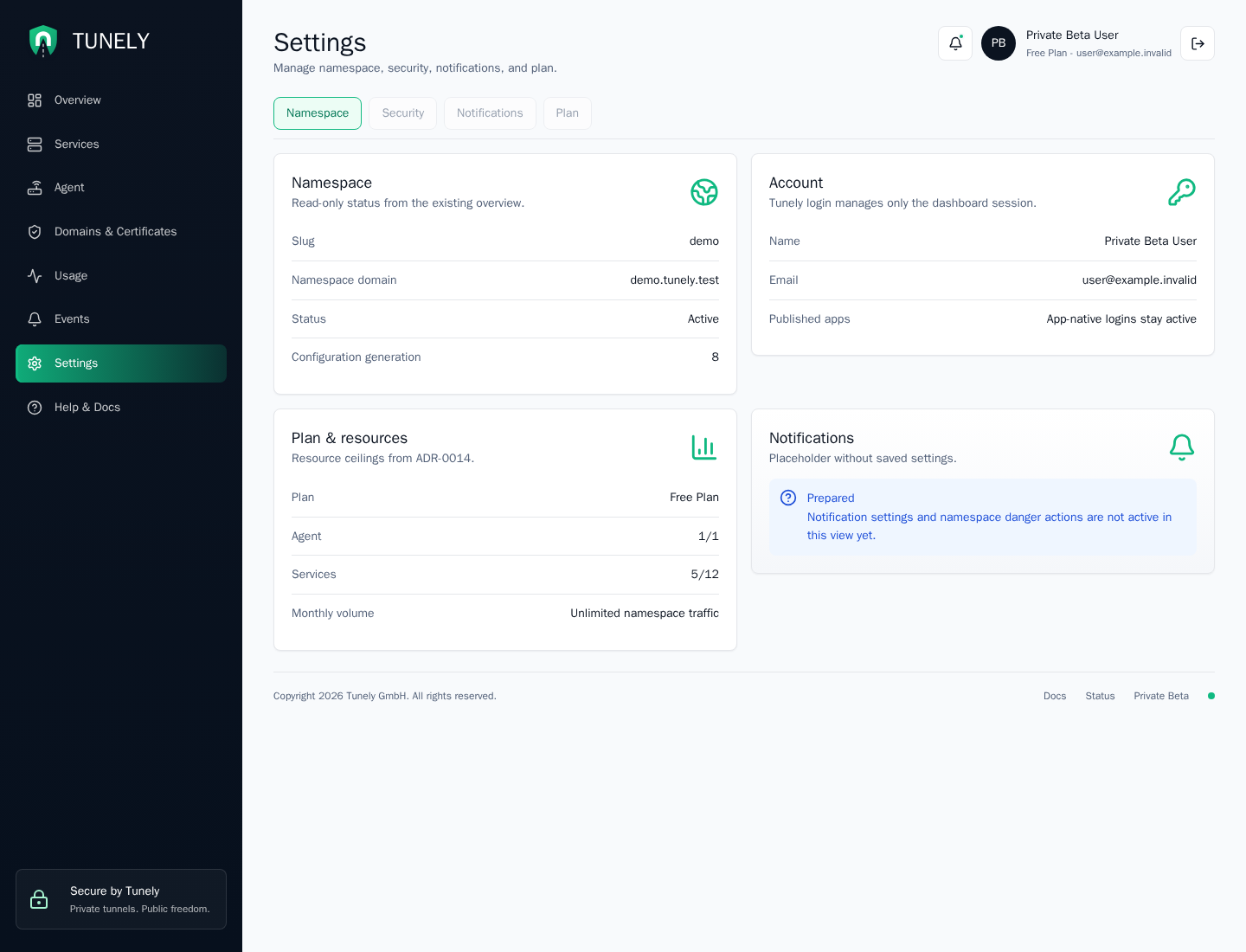 Tunely settings page